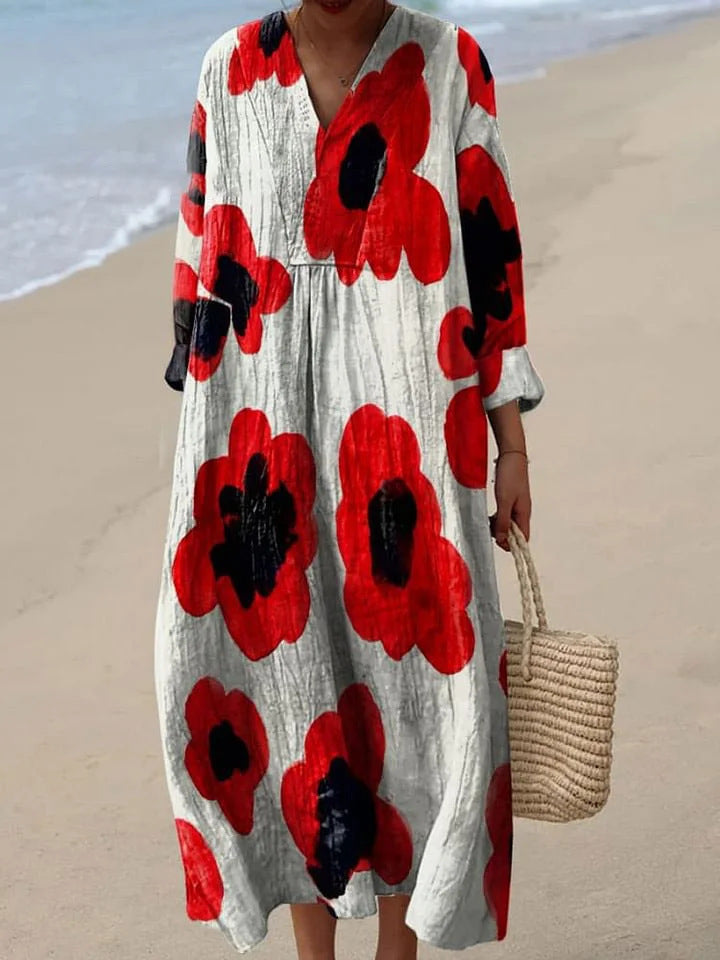 PERLE™ | Robe Longue à Fleurs Rouges.
